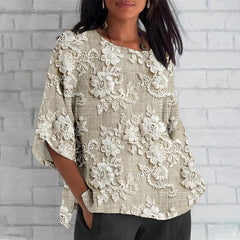 Luźny top z 3/4 rękawami i nadrukiem kwiatowym 3D