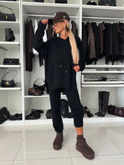 Dwuczęściowy komplet damski z długim rękawem, kapturem i okrągłym dekoltem