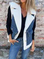 Jednoczęściowa dżinsowa kamizelka z klapami i kieszeniami na motocykl ze sztucznego futra na jesień i zimę