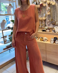 2025 Nowy komplet spodni bez rękawów z bawełny i lnu w jednolitym kolorze, 2 sztuki✨