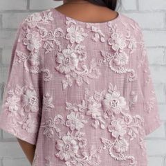 Luźny top z 3/4 rękawami i nadrukiem kwiatowym 3D