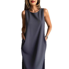 ✨Bawełniana lniana sukienka bez rękawów z rozcięciem w jednolitym kolorze