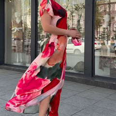 Elegancka, długa sukienka damska z nadrukiem kwiatowym