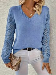 Wiosenno-jesienny, dzianinowy top z długim rękawem i dekoltem w kształcie litery V
