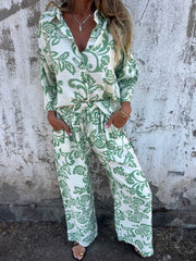 Koszula damska z nadrukiem zapinana na guziki i szerokie spodnie (zestaw 2 sztuk)