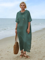 100% lniana damska sukienka z kołnierzykiem Piotrusia Pana, luźna, swobodna, z krótkim rękawem