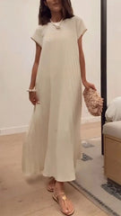 Damska plisowana sukienka swobodna z okrągłym dekoltem