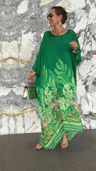 Stylowa sukienka z nadrukiem roślinnym z okrągłą szyją i długimi rękawami