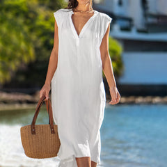 Sukienka bez rękawów z bawełny i lnu z dekoltem w serek