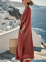 Damska luźna, jednolita, lniana sukienka z kieszeniami