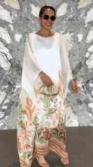 Stylowa sukienka z nadrukiem roślinnym z okrągłą szyją i długimi rękawami