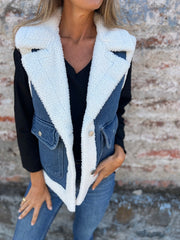 Jednoczęściowa dżinsowa kamizelka z klapami i kieszeniami na motocykl ze sztucznego futra na jesień i zimę