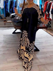 Damska luźna sukienka z okrągłym dekoltem i nadrukiem