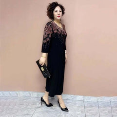 Damska szlachetna elegancka sukienka z brokatowym dekoltem