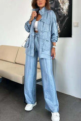 Modny, błyszczący dwuczęściowy zestaw damski z wieloma kieszeniami