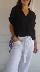 Topy z krótkim rękawem, z dekoltem w kształcie litery V, z bawełny i lnu