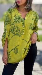 Dekolt w kształcie litery V z nadrukiem z bawełny i lnu