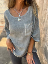 T-shirt z bawełny i lnu, z okrągłym dekoltem i kieszenią