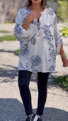 Dekolt w kształcie litery V z nadrukiem z bawełny i lnu