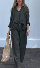 Damski dwuczęściowy garnitur w jednolitym kolorze z bawełny i lnu, na co dzień, z dekoltem w kształcie litery V