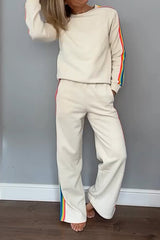 Damski dwuczęściowy zestaw topów i spodni ze wstążką w kontrastowym kolorze i okrągłym dekoltem