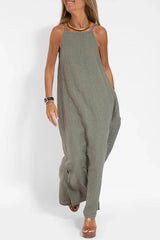 Damska lniana sukienka na co dzień w jednolitym kolorze, bez rękawów, wiązana na szyi