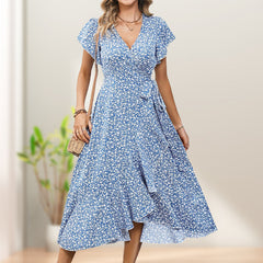 Summer damski elegancki w gardle krawatowej talii Lową kwiatową sukienkę