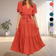 【S-2XL】👗Damska plisowana sukienka z dekoltem w szpic i paskiem w talii