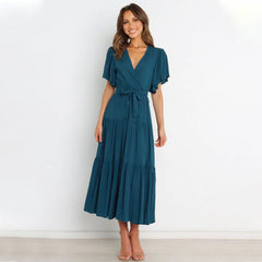 【S-2XL】👗Damska plisowana sukienka z dekoltem w szpic i paskiem w talii