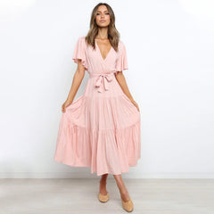 【S-2XL】👗Damska plisowana sukienka z dekoltem w szpic i paskiem w talii