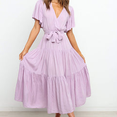 【S-2XL】👗Damska plisowana sukienka z dekoltem w szpic i paskiem w talii