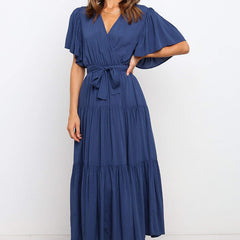 【S-2XL】👗Damska plisowana sukienka z dekoltem w szpic i paskiem w talii