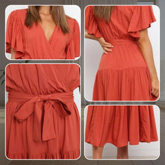 【S-2XL】👗Damska plisowana sukienka z dekoltem w szpic i paskiem w talii