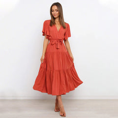 【S-2XL】👗Damska plisowana sukienka z dekoltem w szpic i paskiem w talii