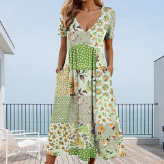 Sukienki Kobiece z Dekoltem w Serek i Krótkim Rękawem w Wzory