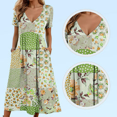 Sukienki Kobiece z Dekoltem w Serek i Krótkim Rękawem w Wzory