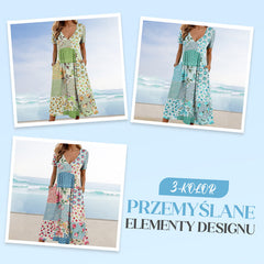 Sukienki Kobiece z Dekoltem w Serek i Krótkim Rękawem w Wzory