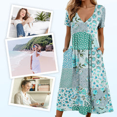 Sukienki Kobiece z Dekoltem w Serek i Krótkim Rękawem w Wzory