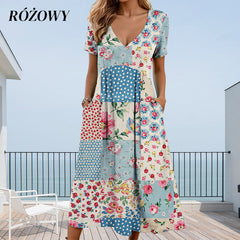 Sukienki Kobiece z Dekoltem w Serek i Krótkim Rękawem w Wzory