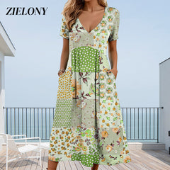 Sukienki Kobiece z Dekoltem w Serek i Krótkim Rękawem w Wzory