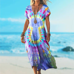 Sukienka damska z luźnym nadrukiem i długim dekoltem w serek