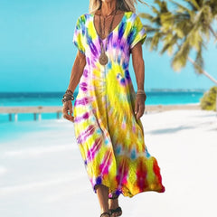 Sukienka damska z luźnym nadrukiem i długim dekoltem w serek