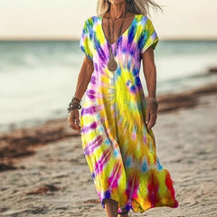 Sukienka damska z luźnym nadrukiem i długim dekoltem w serek