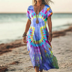 Sukienka damska z luźnym nadrukiem i długim dekoltem w serek