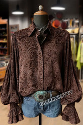 Bluzka z aksamitu w stylu vintage z kwiatowym nadrukiem i rękawami typu lampion