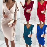 🥰Jednokolorowa, marszczona, zimowa i jesienna sukienka z dekoltem w kształcie litery V, na codzienne wakacje