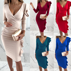 🥰Jednokolorowa, marszczona, zimowa i jesienna sukienka z dekoltem w kształcie litery V, na codzienne wakacje