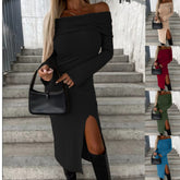 💜Damska sukienka z długim rękawem, jednolitym kolorem, kołnierzykiem w łódkę i rozcięciem