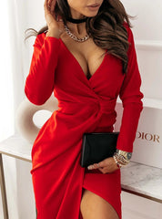 🥰Prosta, obcisła sukienka midi z długim rękawem i dekoltem w kształcie litery V