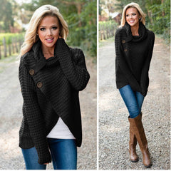 🌟👚Sweter damski o nieregularnym kroju, z wysokim kołnierzem, ozdobiony guzikami